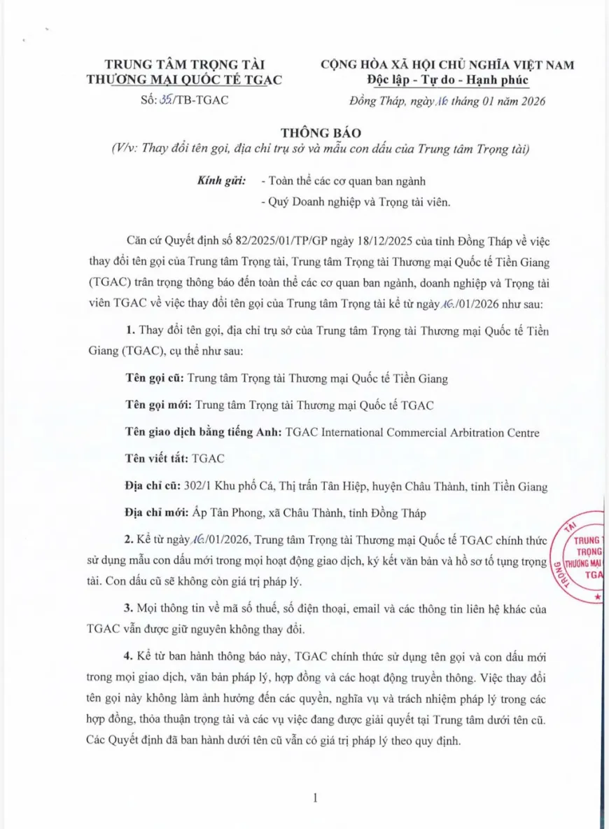 Trung tâm Trọng tài Thương mại Quốc tế Tiền Giang chính thức ban hành Thông báo về việc thay đổi tên gọi