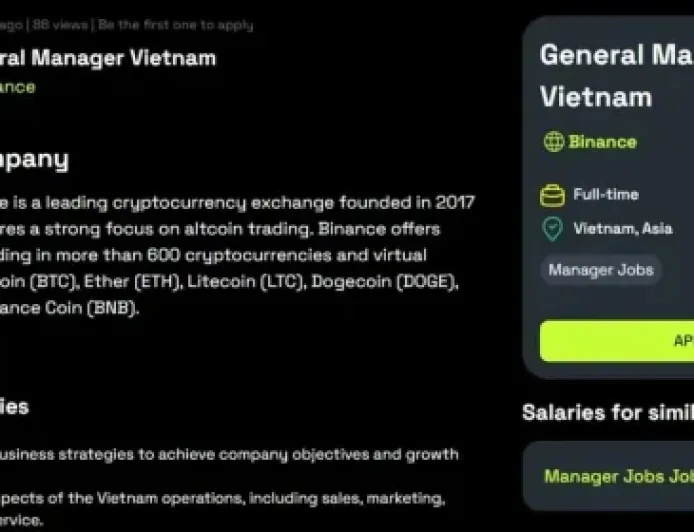 Sàn tiền số lớn nhất thế giới Binance tuyển tổng giám đốc tại Việt Nam